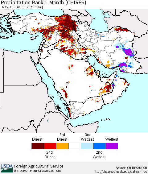 Middle East and Turkey Precipitation Rank since 1981, 1-Month (CHIRPS) Thematic Map For 5/11/2021 - 6/10/2021