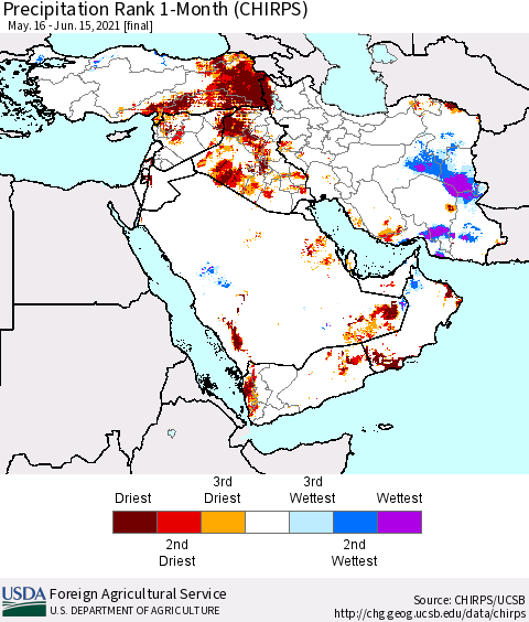 Middle East and Turkey Precipitation Rank since 1981, 1-Month (CHIRPS) Thematic Map For 5/16/2021 - 6/15/2021
