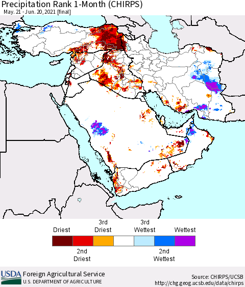 Middle East and Turkey Precipitation Rank since 1981, 1-Month (CHIRPS) Thematic Map For 5/21/2021 - 6/20/2021