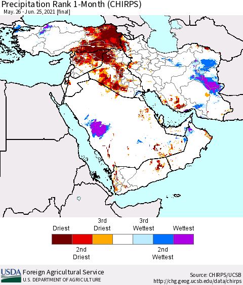 Middle East and Turkey Precipitation Rank since 1981, 1-Month (CHIRPS) Thematic Map For 5/26/2021 - 6/25/2021