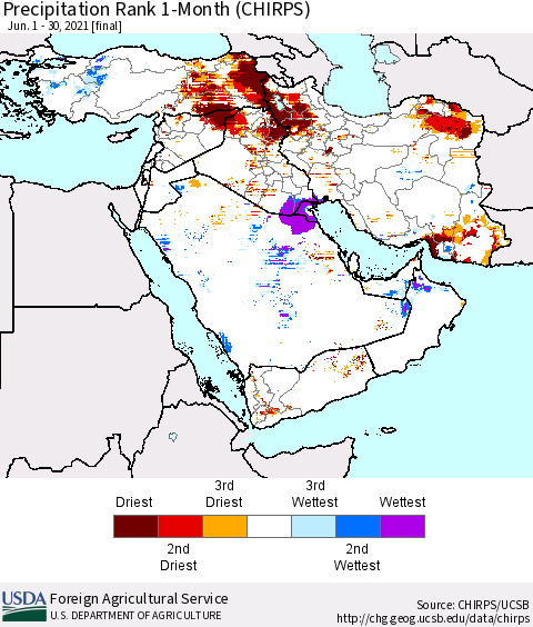 Middle East and Turkey Precipitation Rank since 1981, 1-Month (CHIRPS) Thematic Map For 6/1/2021 - 6/30/2021