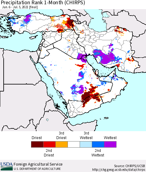 Middle East and Turkey Precipitation Rank since 1981, 1-Month (CHIRPS) Thematic Map For 6/6/2021 - 7/5/2021