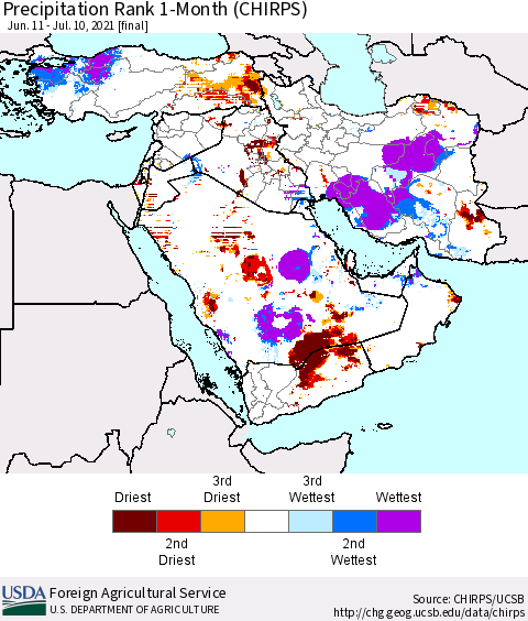Middle East and Turkey Precipitation Rank since 1981, 1-Month (CHIRPS) Thematic Map For 6/11/2021 - 7/10/2021