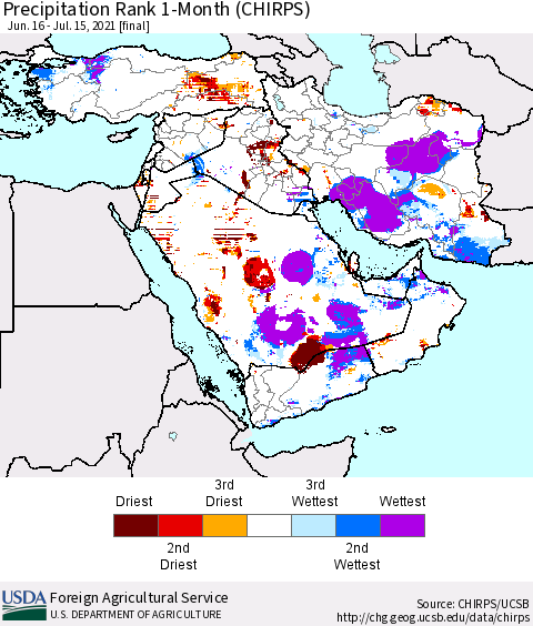 Middle East and Turkey Precipitation Rank since 1981, 1-Month (CHIRPS) Thematic Map For 6/16/2021 - 7/15/2021