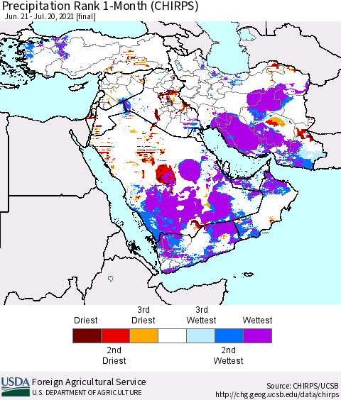 Middle East and Turkey Precipitation Rank since 1981, 1-Month (CHIRPS) Thematic Map For 6/21/2021 - 7/20/2021