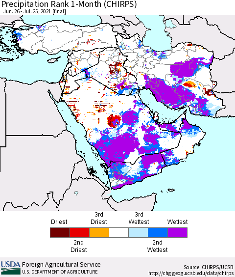 Middle East and Turkey Precipitation Rank since 1981, 1-Month (CHIRPS) Thematic Map For 6/26/2021 - 7/25/2021