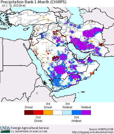 Middle East and Turkey Precipitation Rank since 1981, 1-Month (CHIRPS) Thematic Map For 7/1/2021 - 7/31/2021