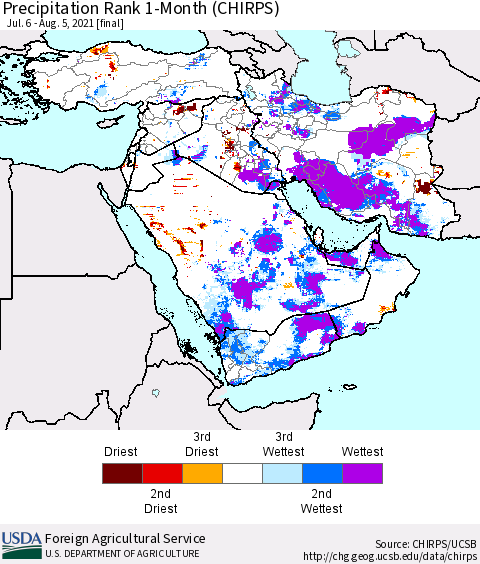Middle East and Turkey Precipitation Rank since 1981, 1-Month (CHIRPS) Thematic Map For 7/6/2021 - 8/5/2021