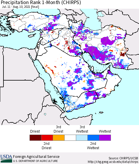 Middle East and Turkey Precipitation Rank since 1981, 1-Month (CHIRPS) Thematic Map For 7/11/2021 - 8/10/2021