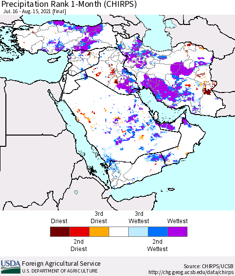 Middle East and Turkey Precipitation Rank since 1981, 1-Month (CHIRPS) Thematic Map For 7/16/2021 - 8/15/2021