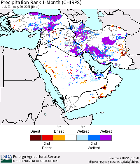 Middle East and Turkey Precipitation Rank since 1981, 1-Month (CHIRPS) Thematic Map For 7/21/2021 - 8/20/2021