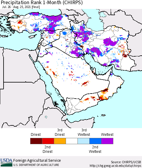 Middle East and Turkey Precipitation Rank since 1981, 1-Month (CHIRPS) Thematic Map For 7/26/2021 - 8/25/2021