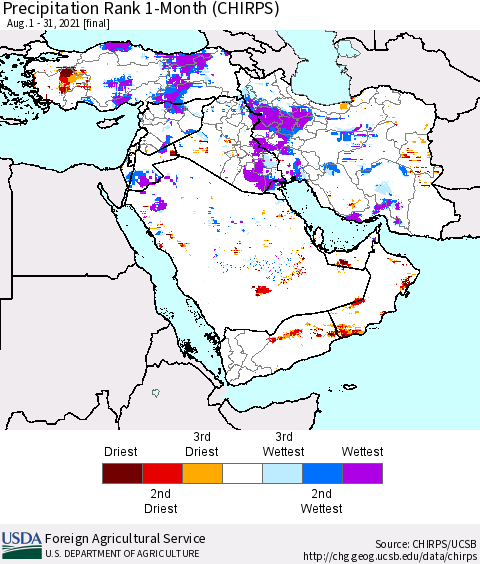 Middle East and Turkey Precipitation Rank since 1981, 1-Month (CHIRPS) Thematic Map For 8/1/2021 - 8/31/2021