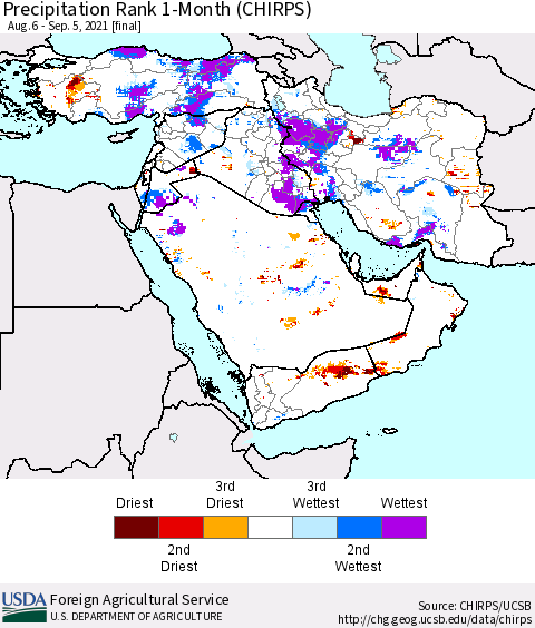 Middle East and Turkey Precipitation Rank since 1981, 1-Month (CHIRPS) Thematic Map For 8/6/2021 - 9/5/2021