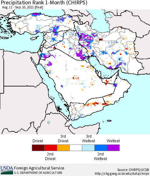 Middle East and Turkey Precipitation Rank since 1981, 1-Month (CHIRPS) Thematic Map For 8/11/2021 - 9/10/2021