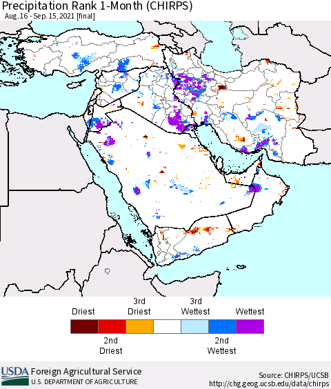 Middle East and Turkey Precipitation Rank since 1981, 1-Month (CHIRPS) Thematic Map For 8/16/2021 - 9/15/2021