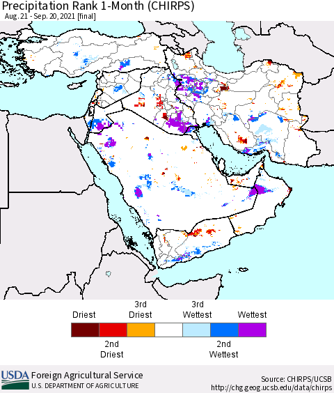 Middle East and Turkey Precipitation Rank since 1981, 1-Month (CHIRPS) Thematic Map For 8/21/2021 - 9/20/2021