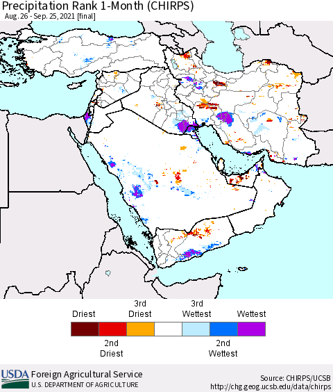 Middle East and Turkey Precipitation Rank since 1981, 1-Month (CHIRPS) Thematic Map For 8/26/2021 - 9/25/2021