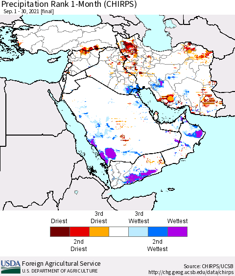 Middle East and Turkey Precipitation Rank since 1981, 1-Month (CHIRPS) Thematic Map For 9/1/2021 - 9/30/2021