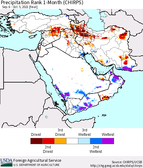 Middle East and Turkey Precipitation Rank since 1981, 1-Month (CHIRPS) Thematic Map For 9/6/2021 - 10/5/2021