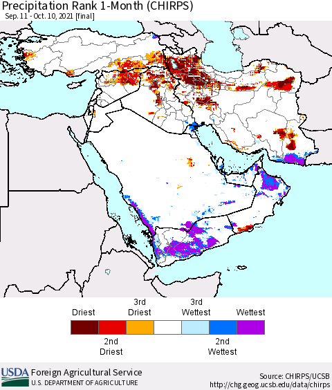 Middle East and Turkey Precipitation Rank since 1981, 1-Month (CHIRPS) Thematic Map For 9/11/2021 - 10/10/2021