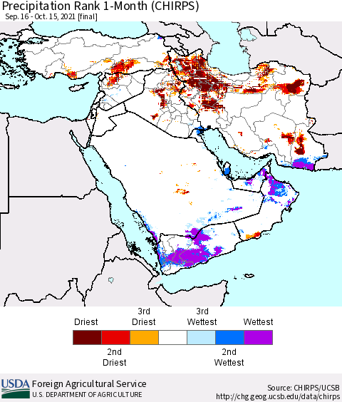 Middle East and Turkey Precipitation Rank since 1981, 1-Month (CHIRPS) Thematic Map For 9/16/2021 - 10/15/2021