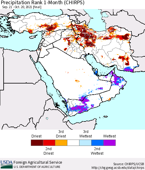 Middle East and Turkey Precipitation Rank since 1981, 1-Month (CHIRPS) Thematic Map For 9/21/2021 - 10/20/2021