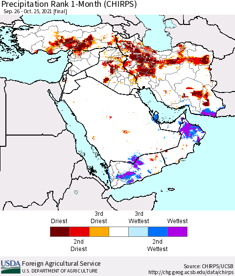 Middle East and Turkey Precipitation Rank since 1981, 1-Month (CHIRPS) Thematic Map For 9/26/2021 - 10/25/2021