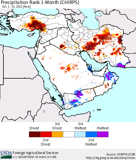 Middle East and Turkey Precipitation Rank since 1981, 1-Month (CHIRPS) Thematic Map For 10/1/2021 - 10/31/2021