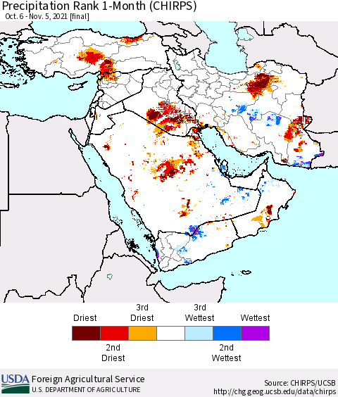 Middle East and Turkey Precipitation Rank since 1981, 1-Month (CHIRPS) Thematic Map For 10/6/2021 - 11/5/2021