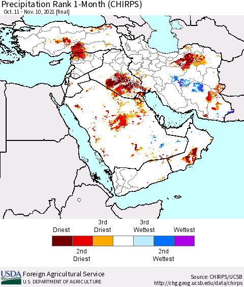 Middle East and Turkey Precipitation Rank since 1981, 1-Month (CHIRPS) Thematic Map For 10/11/2021 - 11/10/2021