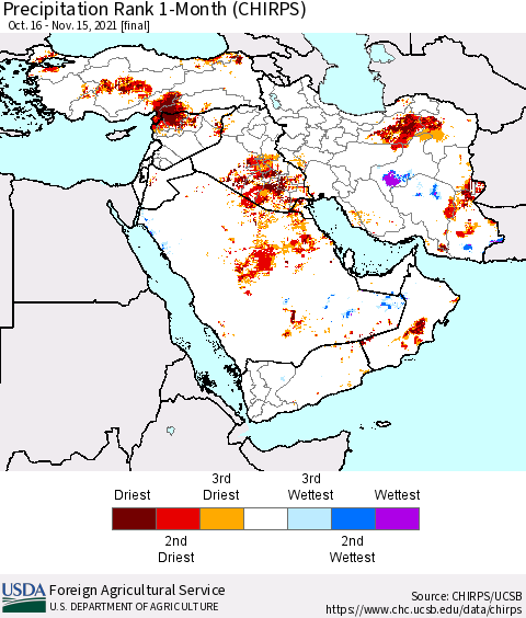 Middle East and Turkey Precipitation Rank since 1981, 1-Month (CHIRPS) Thematic Map For 10/16/2021 - 11/15/2021