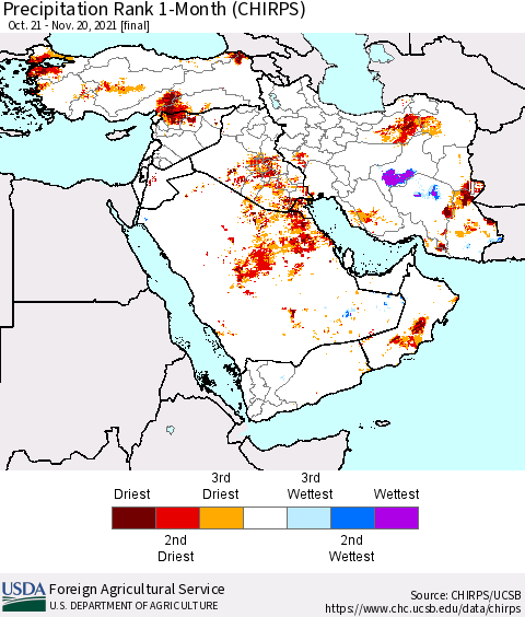 Middle East and Turkey Precipitation Rank since 1981, 1-Month (CHIRPS) Thematic Map For 10/21/2021 - 11/20/2021