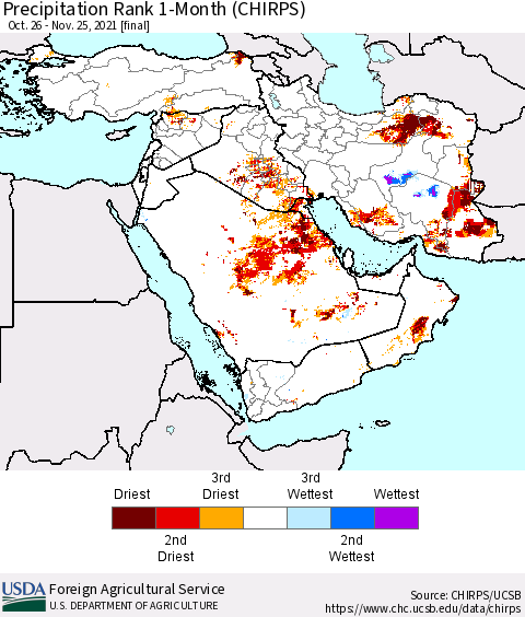 Middle East and Turkey Precipitation Rank since 1981, 1-Month (CHIRPS) Thematic Map For 10/26/2021 - 11/25/2021