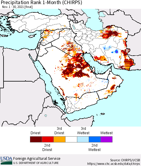 Middle East and Turkey Precipitation Rank since 1981, 1-Month (CHIRPS) Thematic Map For 11/1/2021 - 11/30/2021