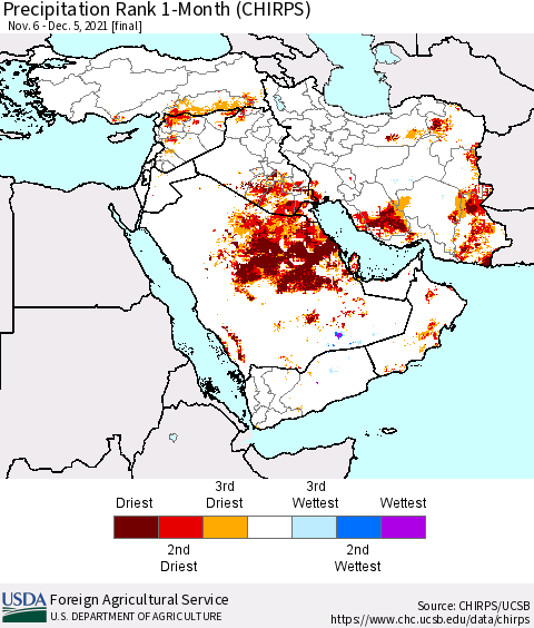 Middle East and Turkey Precipitation Rank since 1981, 1-Month (CHIRPS) Thematic Map For 11/6/2021 - 12/5/2021