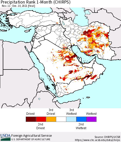Middle East and Turkey Precipitation Rank since 1981, 1-Month (CHIRPS) Thematic Map For 11/11/2021 - 12/10/2021