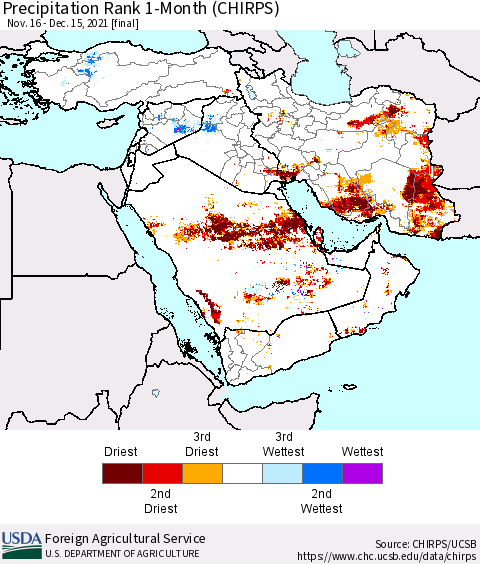 Middle East and Turkey Precipitation Rank since 1981, 1-Month (CHIRPS) Thematic Map For 11/16/2021 - 12/15/2021