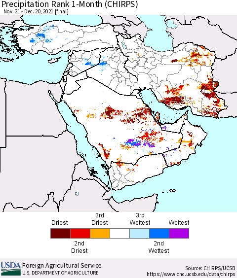 Middle East and Turkey Precipitation Rank since 1981, 1-Month (CHIRPS) Thematic Map For 11/21/2021 - 12/20/2021