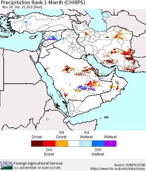 Middle East and Turkey Precipitation Rank since 1981, 1-Month (CHIRPS) Thematic Map For 11/26/2021 - 12/25/2021