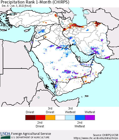 Middle East and Turkey Precipitation Rank since 1981, 1-Month (CHIRPS) Thematic Map For 12/6/2021 - 1/5/2022