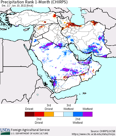 Middle East and Turkey Precipitation Rank since 1981, 1-Month (CHIRPS) Thematic Map For 12/11/2021 - 1/10/2022