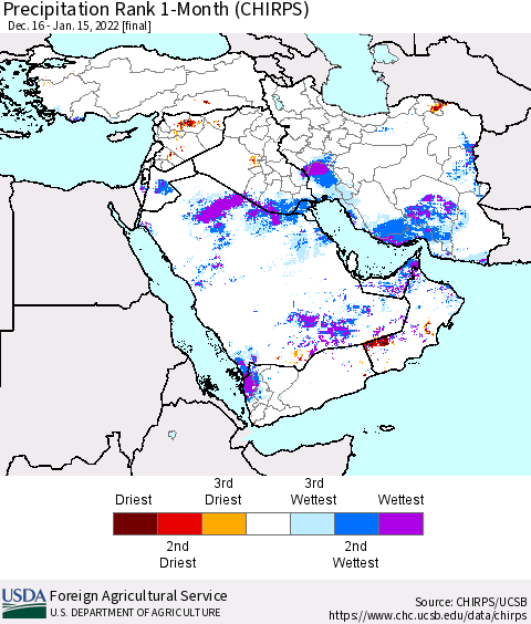 Middle East and Turkey Precipitation Rank since 1981, 1-Month (CHIRPS) Thematic Map For 12/16/2021 - 1/15/2022