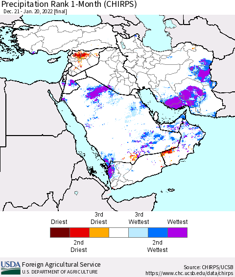 Middle East and Turkey Precipitation Rank since 1981, 1-Month (CHIRPS) Thematic Map For 12/21/2021 - 1/20/2022