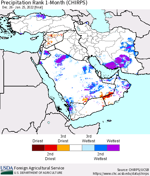 Middle East and Turkey Precipitation Rank since 1981, 1-Month (CHIRPS) Thematic Map For 12/26/2021 - 1/25/2022