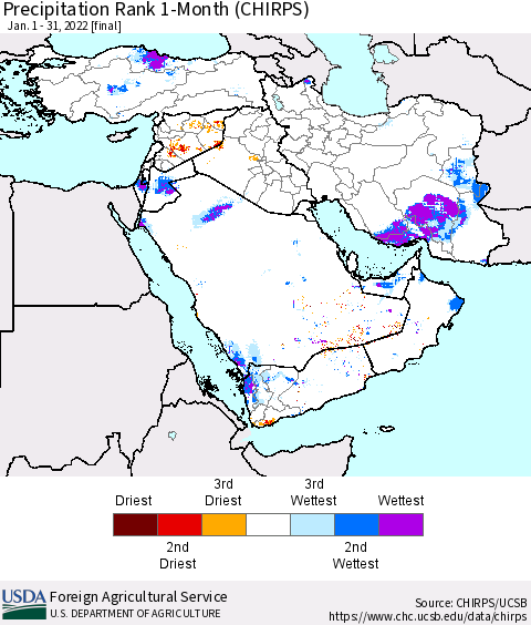 Middle East and Turkey Precipitation Rank since 1981, 1-Month (CHIRPS) Thematic Map For 1/1/2022 - 1/31/2022