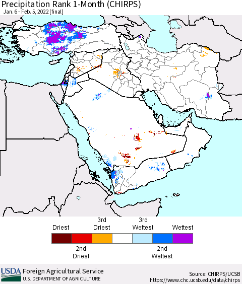 Middle East and Turkey Precipitation Rank since 1981, 1-Month (CHIRPS) Thematic Map For 1/6/2022 - 2/5/2022