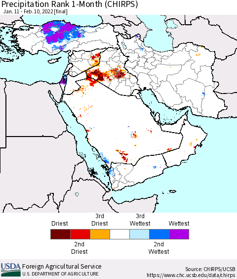 Middle East and Turkey Precipitation Rank since 1981, 1-Month (CHIRPS) Thematic Map For 1/11/2022 - 2/10/2022