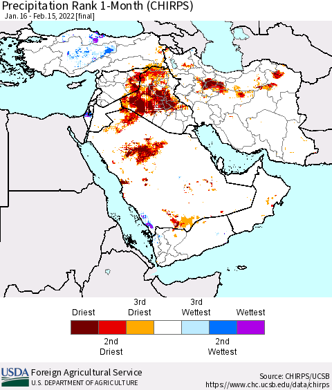 Middle East and Turkey Precipitation Rank since 1981, 1-Month (CHIRPS) Thematic Map For 1/16/2022 - 2/15/2022