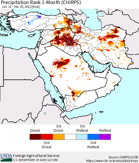 Middle East and Turkey Precipitation Rank since 1981, 1-Month (CHIRPS) Thematic Map For 1/21/2022 - 2/20/2022
